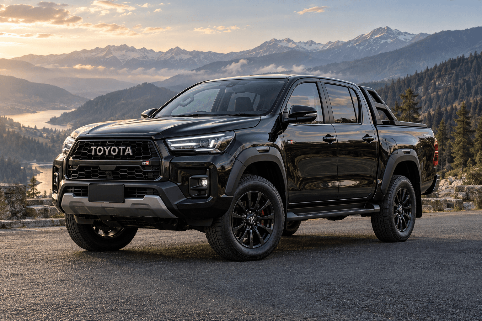 Illustrative Toyota Hilux with forested Kashmir mountains